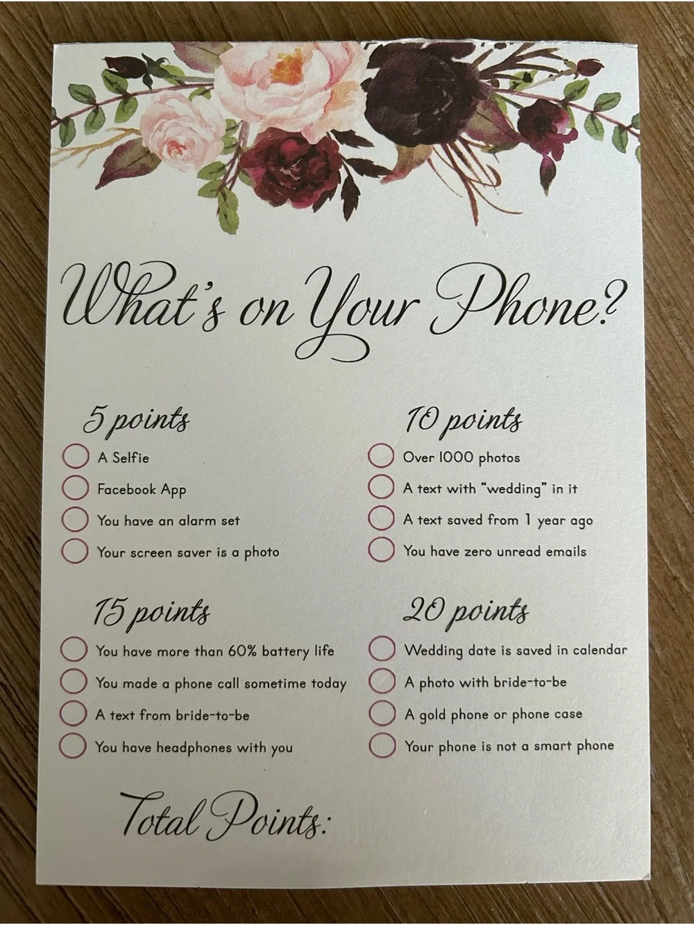NEW- Bridal Shower Game Cards Set of 4 - Floral Pink & Burgundy
